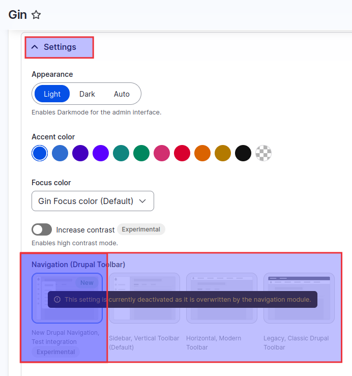 Gin Navigation (Drupal Toolbar)