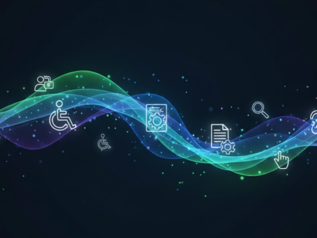 Soyut bir dijital arka plan; karanlık zemin üzerinde akan renkli dalga formu ve erişilebilirlik ile teknolojiyi temsil eden ikonlar.