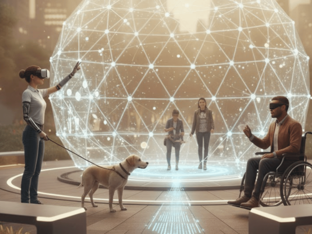 Bir park alanında farklı engel gruplarından bireylerin yer aldığı sahne: Rehber köpeğiyle VR gözlüğü kullanan bir kadın ve tekerlekli sandalyedeki bir erkek, etraflarındaki insanların katılımıyla dijital ağ yapısını temsil eden ışıklı, küresel bir hologramla etkileşim kuruyor.
