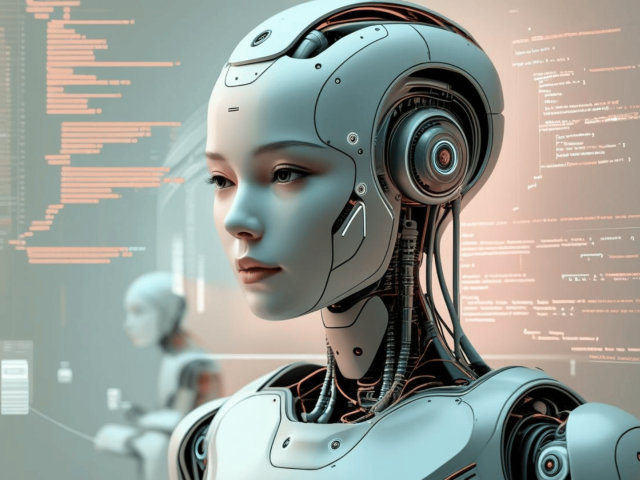 önde robot görseli arka fonda kod satırları