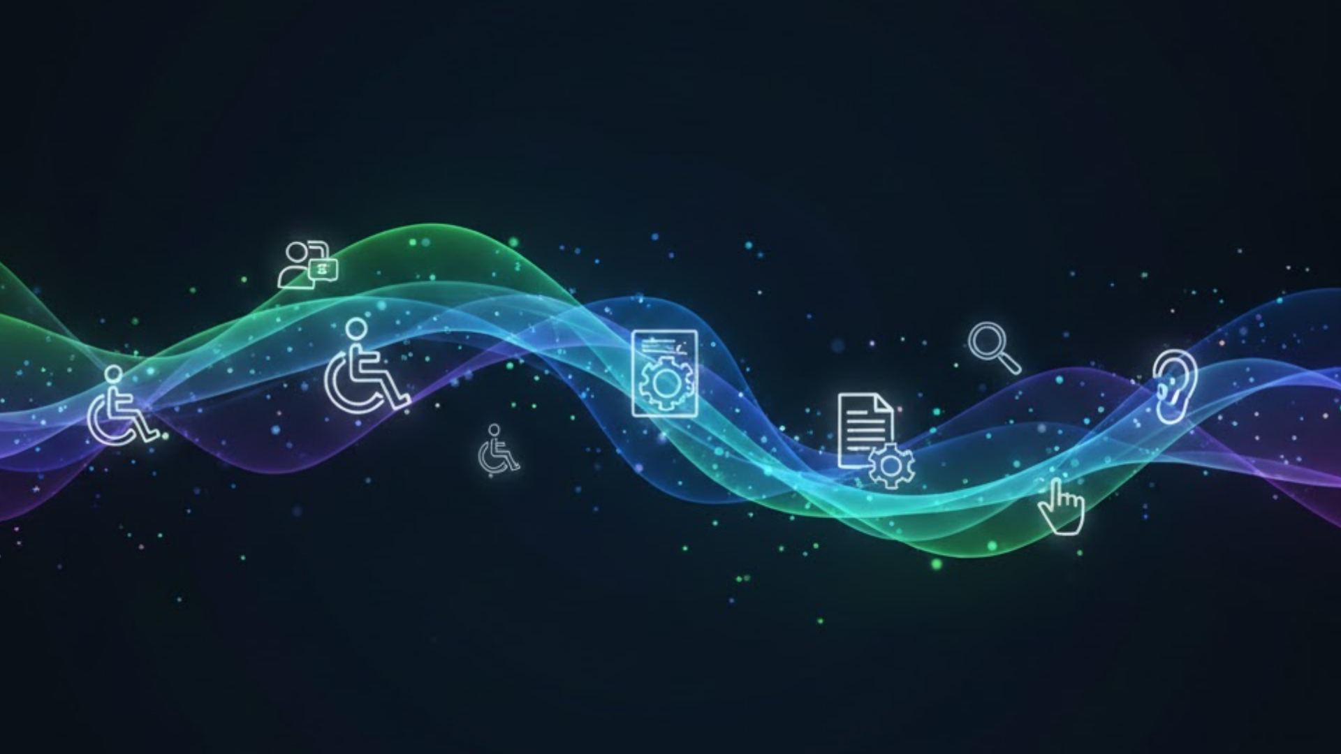 Soyut bir dijital arka plan; karanlık zemin üzerinde akan renkli dalga formu ve erişilebilirlik ile teknolojiyi temsil eden ikonlar.