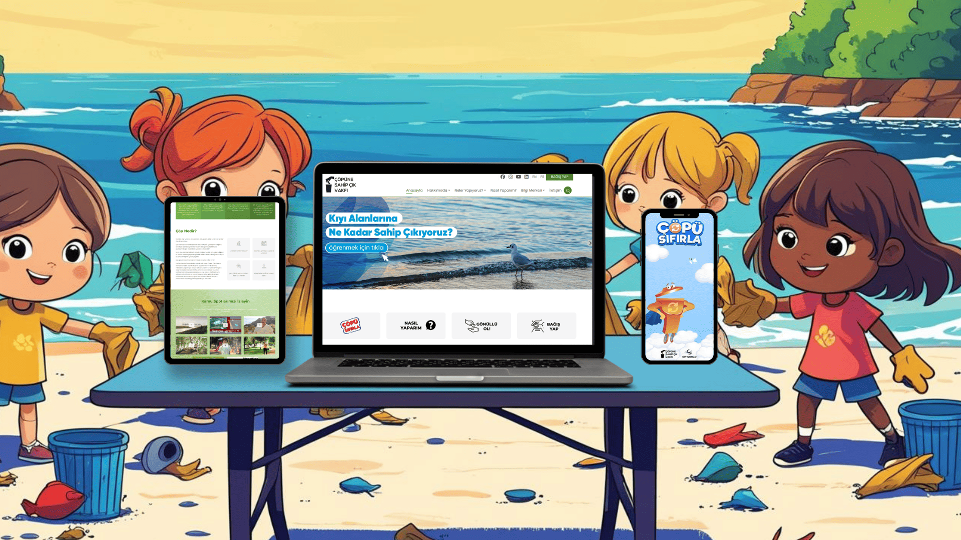 Sahilde çöp toplayan çocukların önünde bir masa, masanın üzerinde bilgisayar, tablet ve telefon var. Ekranlarında Çöpüne Sahip Çık Vakfı'nın web siteleri var.