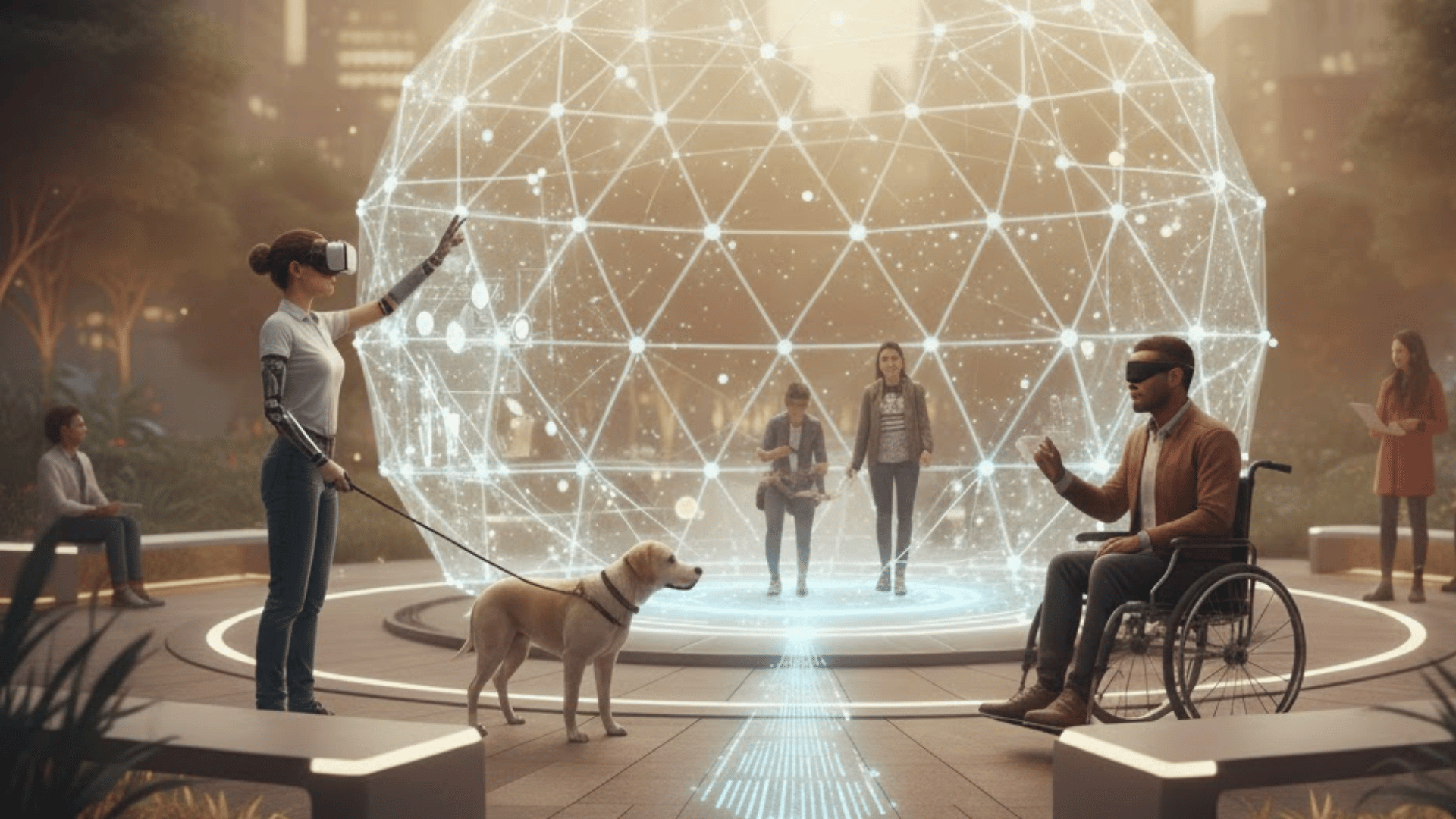 Bir park alanında farklı engel gruplarından bireylerin yer aldığı sahne: Rehber köpeğiyle VR gözlüğü kullanan bir kadın ve tekerlekli sandalyedeki bir erkek, etraflarındaki insanların katılımıyla dijital ağ yapısını temsil eden ışıklı, küresel bir hologramla etkileşim kuruyor.