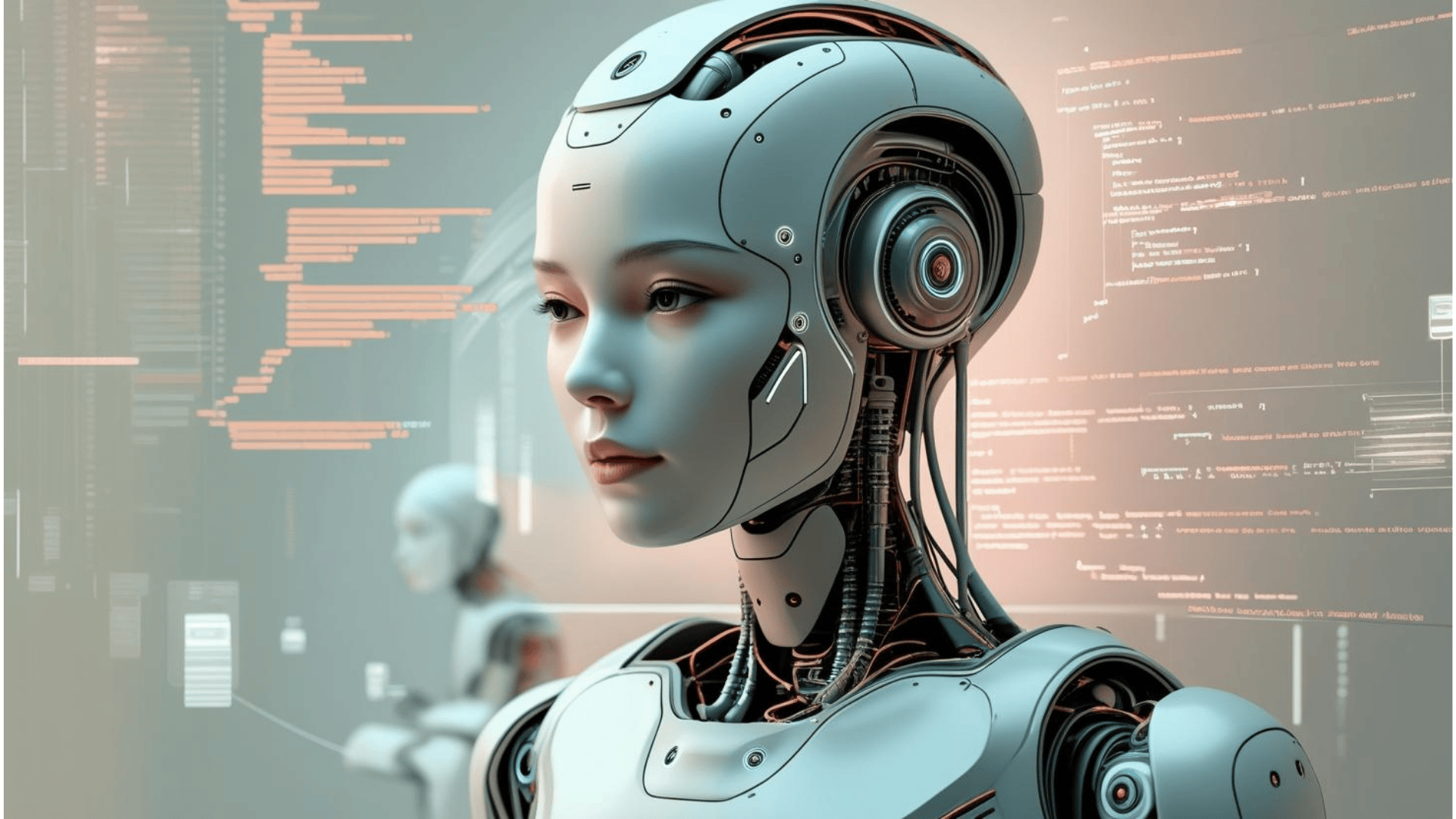 önde robot görseli arka fonda kod satırları